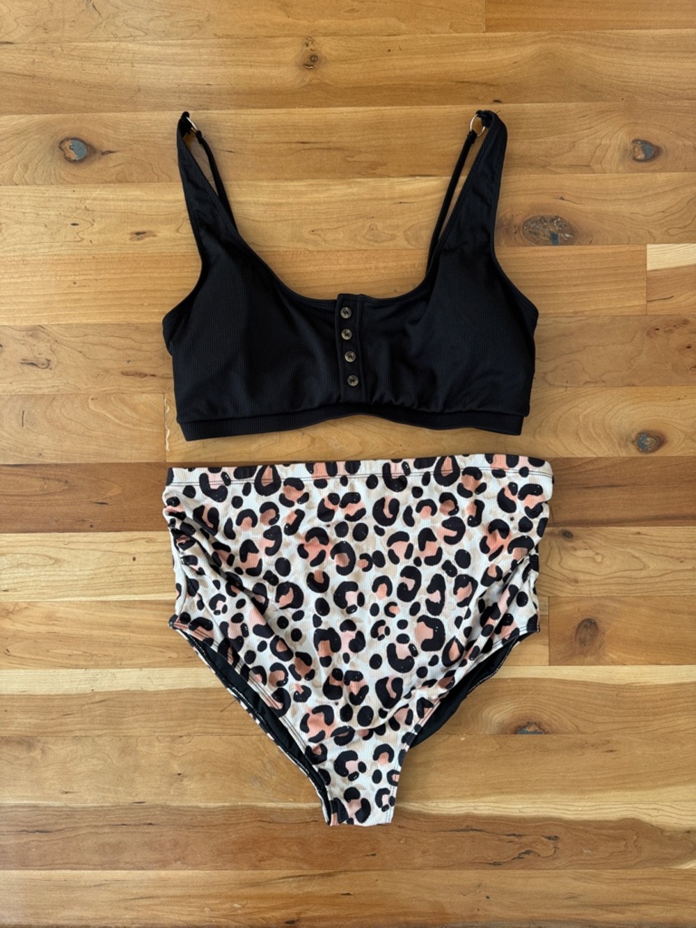 Maternity Black Crop Bralette Top with High-Waisted Leopard Bottoms